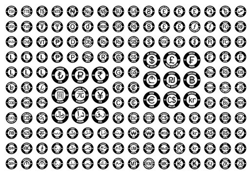 Full set of all world currency icons. New international money symbols with ISO 4217 codes and abbreviations. Black vector flat round signs isolated on white