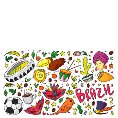 Coloring page with Brazil. Vector doodle pattern with symbols of country. Soccer, statue of Jesus, mask, monkey, soccer.