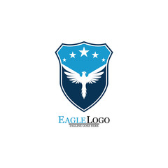 Eagle logo template design with a shield and stars. Vector illustration.
