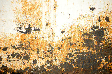 White metal door or wall close-up. Bright spots on a light background. Yellow, black and orange rusty spots on iron. Abstract urban background. Copy space. Selective focus image.