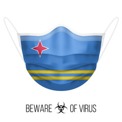 Medical Mask with National Flag of Aruba as Icon on White. Protective Mask Virus and Flu. Surgery Concept of Health Care Problems and Fight Novel Coronavirus (2019-nCoV) in Form of Aruban flag
