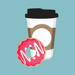 Vector illustration disposable coffee cup icon with pink sweet donut