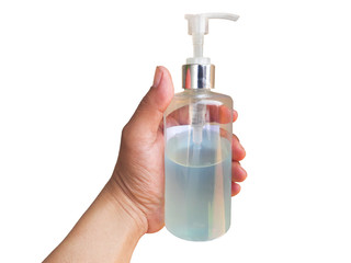 hand holding blue alcohol gel pumping bottle on white background