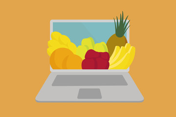 Shop online from home. Laptop and fresh fruits and vegetables order for delivery. Shopping food online. Hand drawn vector in simple flat style. Isolation at home. Stay home stay safe