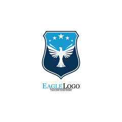 Eagle logo template design with a shield and stars. Vector illustration.