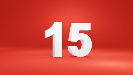 Number 15 in white on red background, isolated number 3d render