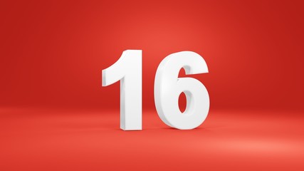 Number 16 in white on red background, isolated number 3d render
