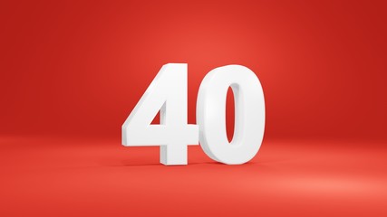 Number 40 in white on red background, isolated number 3d render
