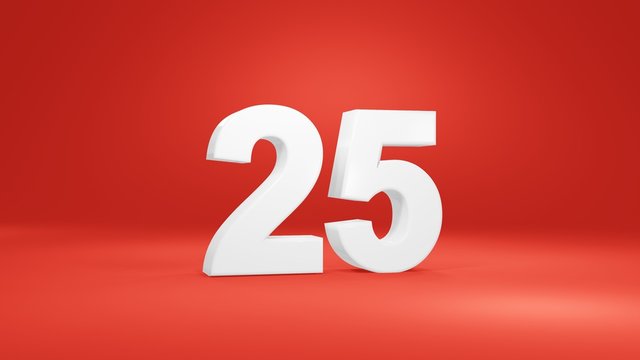 Number 25 in white on red background, isolated number 3d render