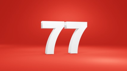 Number 77 in white on red background, isolated number 3d render