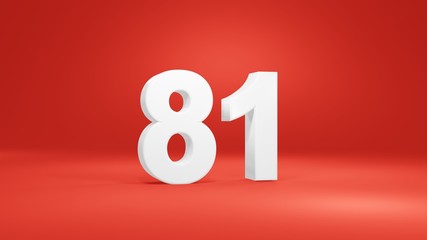 Number 81 in white on red background, isolated number 3d render