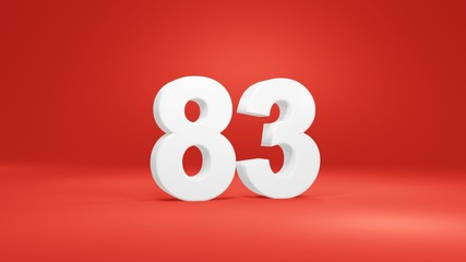 Number 83 in white on red background, isolated number 3d render