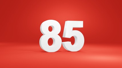 Number 85 in white on red background, isolated number 3d render