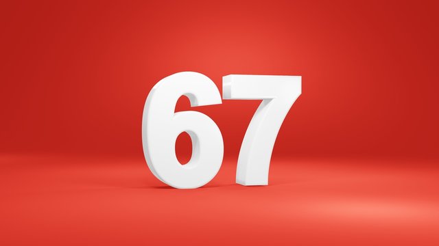 Number 67 in white on red background, isolated number 3d render
