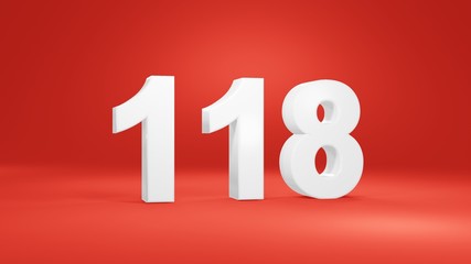 Number 118 in white on red background, isolated number 3d render