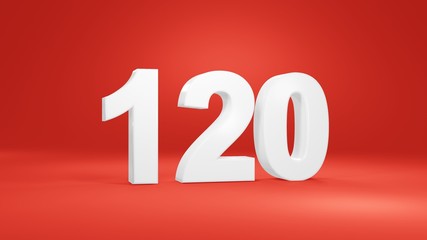 Number 120 in white on red background, isolated number 3d render