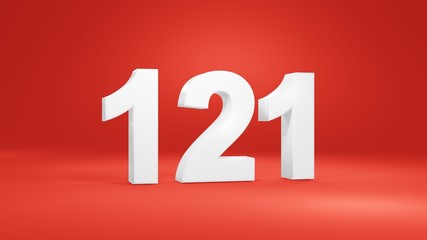 Number 121 in white on red background, isolated number 3d render