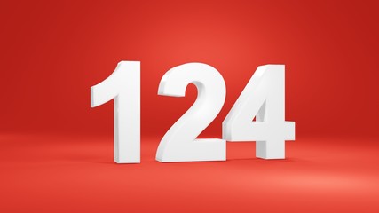 Number 124 in white on red background, isolated number 3d render
