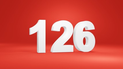 Number 126 in white on red background, isolated number 3d render