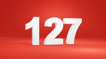 Number 127 in white on red background, isolated number 3d render