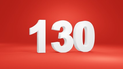 Number 130 in white on red background, isolated number 3d render