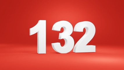 Number 132 in white on red background, isolated number 3d render