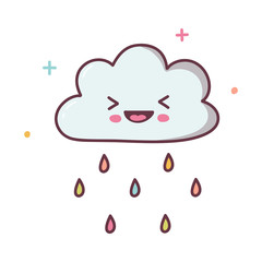 Cheerful cloud with colorful rain. Kawaii cartoon character isolated on a white background. Vector illustration.