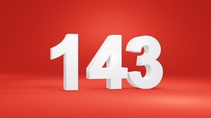 Number 143 in white on red background, isolated number 3d render