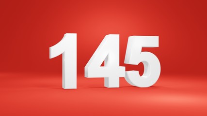 Number 145 in white on red background, isolated number 3d render