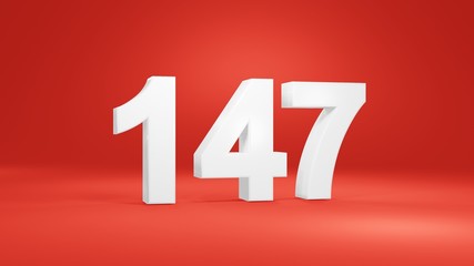 Number 147 in white on red background, isolated number 3d render