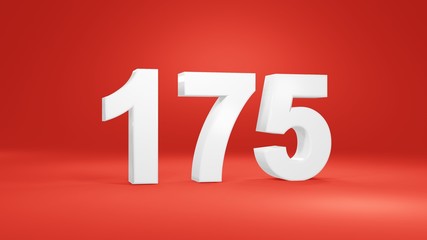 Number 175 in white on red background, isolated number 3d render