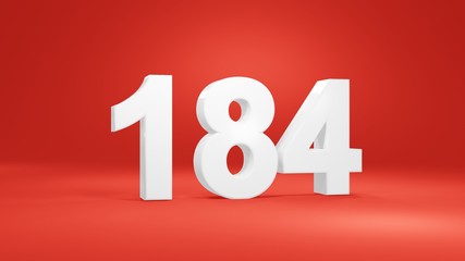 Number 184 in white on red background, isolated number 3d render