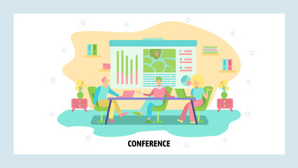 Fototapeta na wymiar Business meeting and board conference concept. Business plan discussion, team in office, people. Vector web site design template. Landing page website illustration