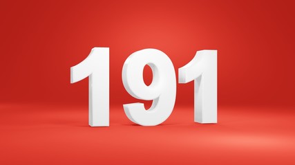 Number 191 in white on red background, isolated number 3d render