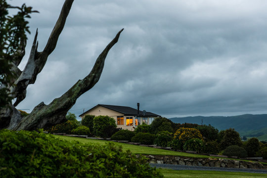 rural landscape with bach cabin at dusk