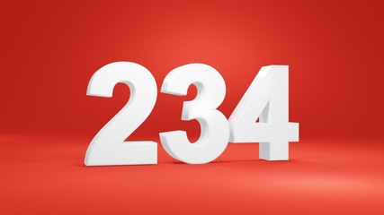 Number 234 in white on red background, isolated number 3d render