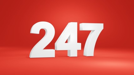 Number 247 in white on red background, isolated number 3d render