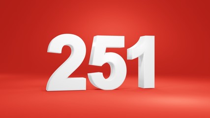 Number 251 in white on red background, isolated number 3d render