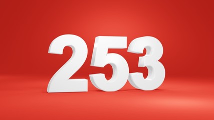 Number 253 in white on red background, isolated number 3d render
