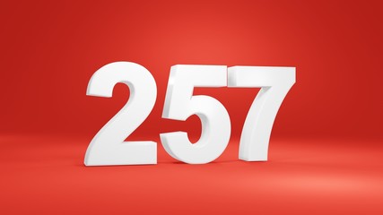 Number 257 in white on red background, isolated number 3d render