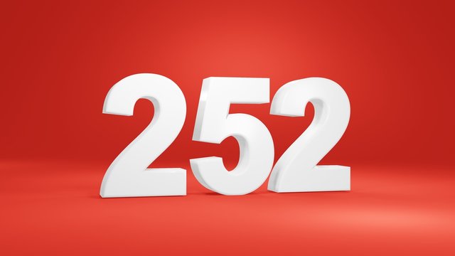 Number 252 in white on red background, isolated number 3d render