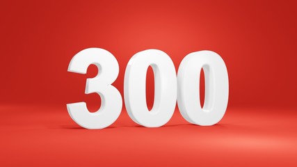 Number 300 in white on red background, isolated number 3d render