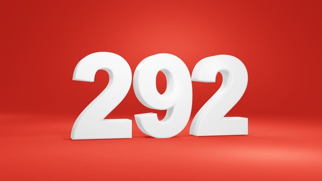 Number 292 in white on red background, isolated number 3d render