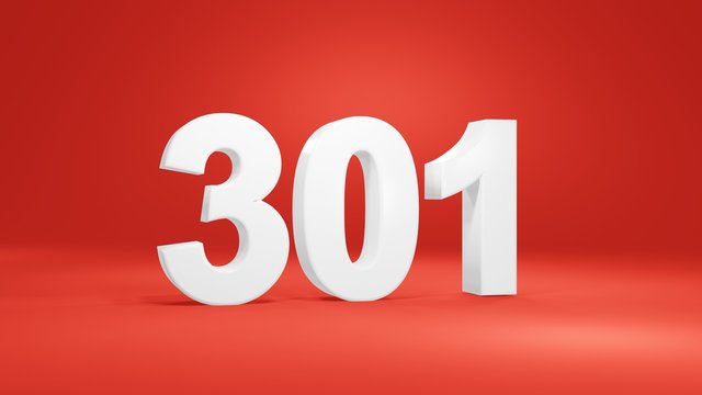 Number 301 in white on red background, isolated number 3d render