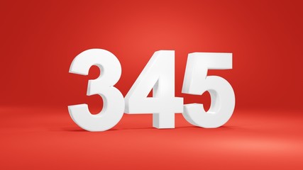 Number 345 in white on red background, isolated number 3d render