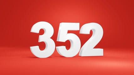 Number 352 in white on red background, isolated number 3d render