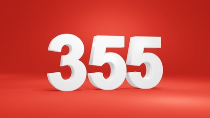 Number 355 in white on red background, isolated number 3d render