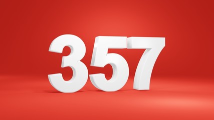 Number 357 in white on red background, isolated number 3d render