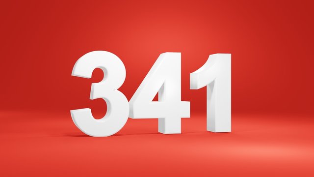 Number 341 in white on red background, isolated number 3d render