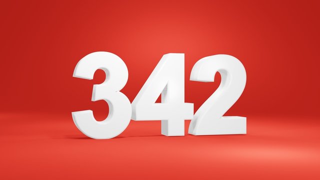 Number 342 in white on red background, isolated number 3d render